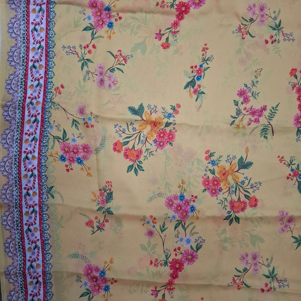 Traditional Floral Lace Border with Base Honey Mustard color Print on Satin Georgette OM SG 255 C1