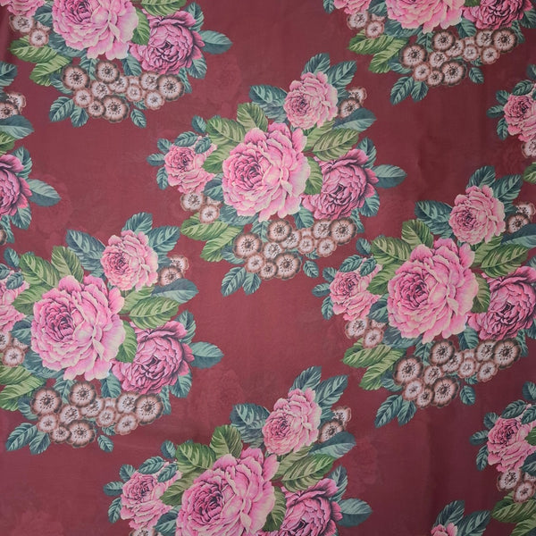 Sabya Big Floral Bunch Print on Maroon Base with Pink Floral on Satin Georgette