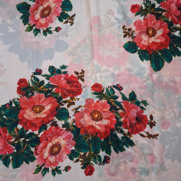 Floral Vintage Rose Bouquet Print Fabric Material Floral Pure Silk Red OM SG 257