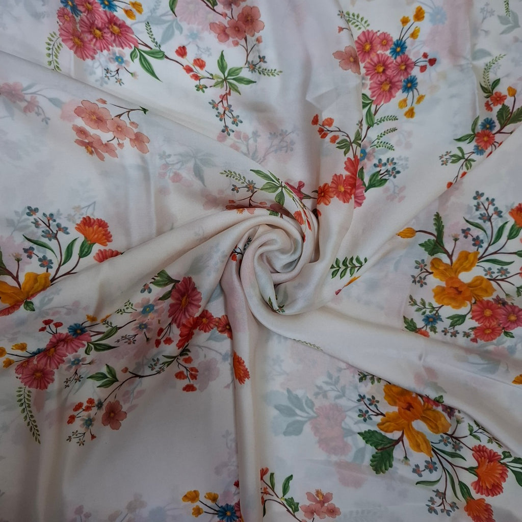 Traditional Floral Lace Border with Base White  color Print on Satin Georgette OM SG 255 C3