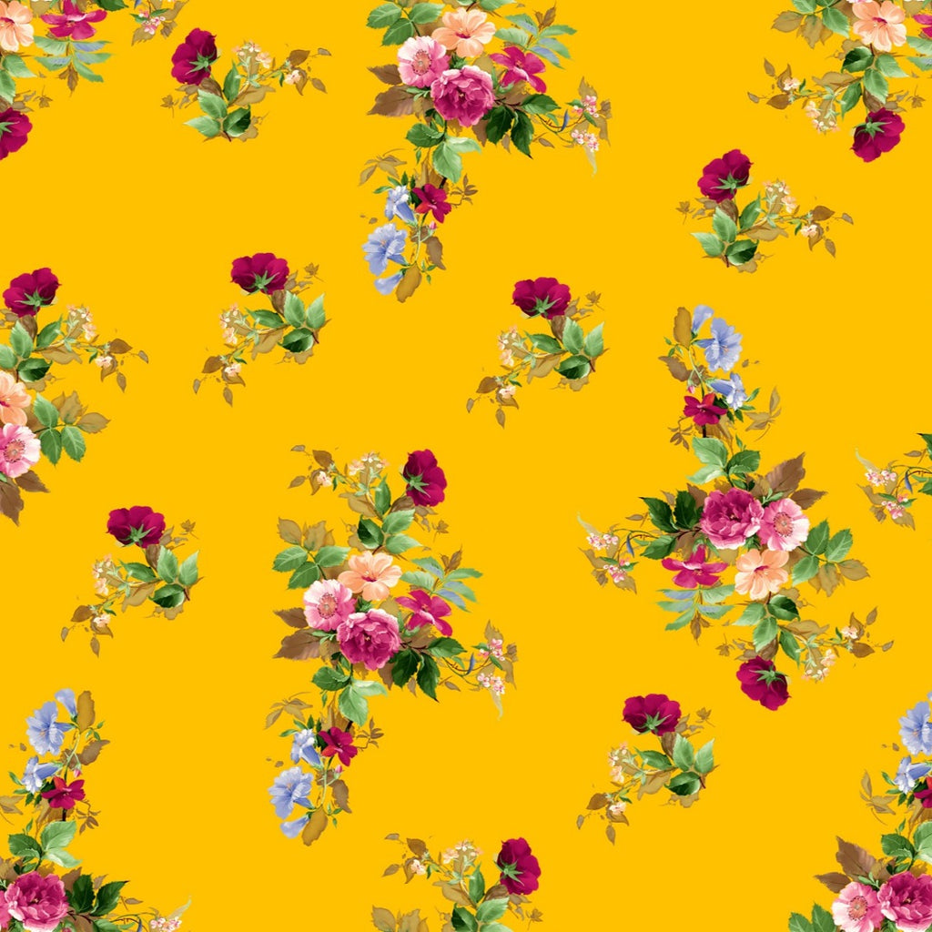 Mustard Yellow Floral Print with Rose on Glossy Organza Fabric OM RJ 241