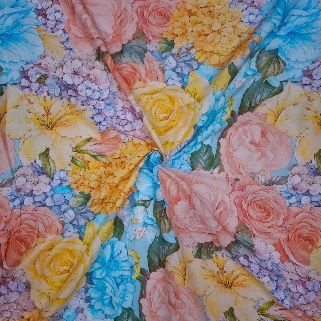 Rania Print with Firozi Blue Color Base with Multi Coloured Floral on Pure Glace Lawn Cotton OM SG 261 C1
