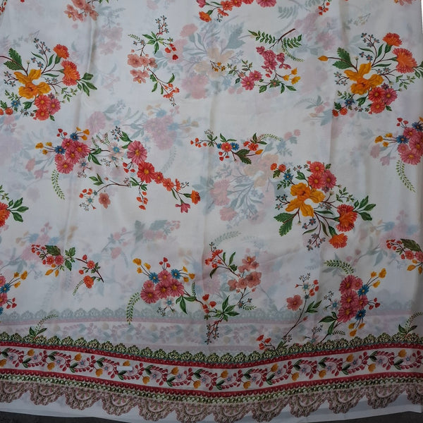 Traditional Floral Lace Border with Base White  color Print on Satin Georgette OM SG 255 C3