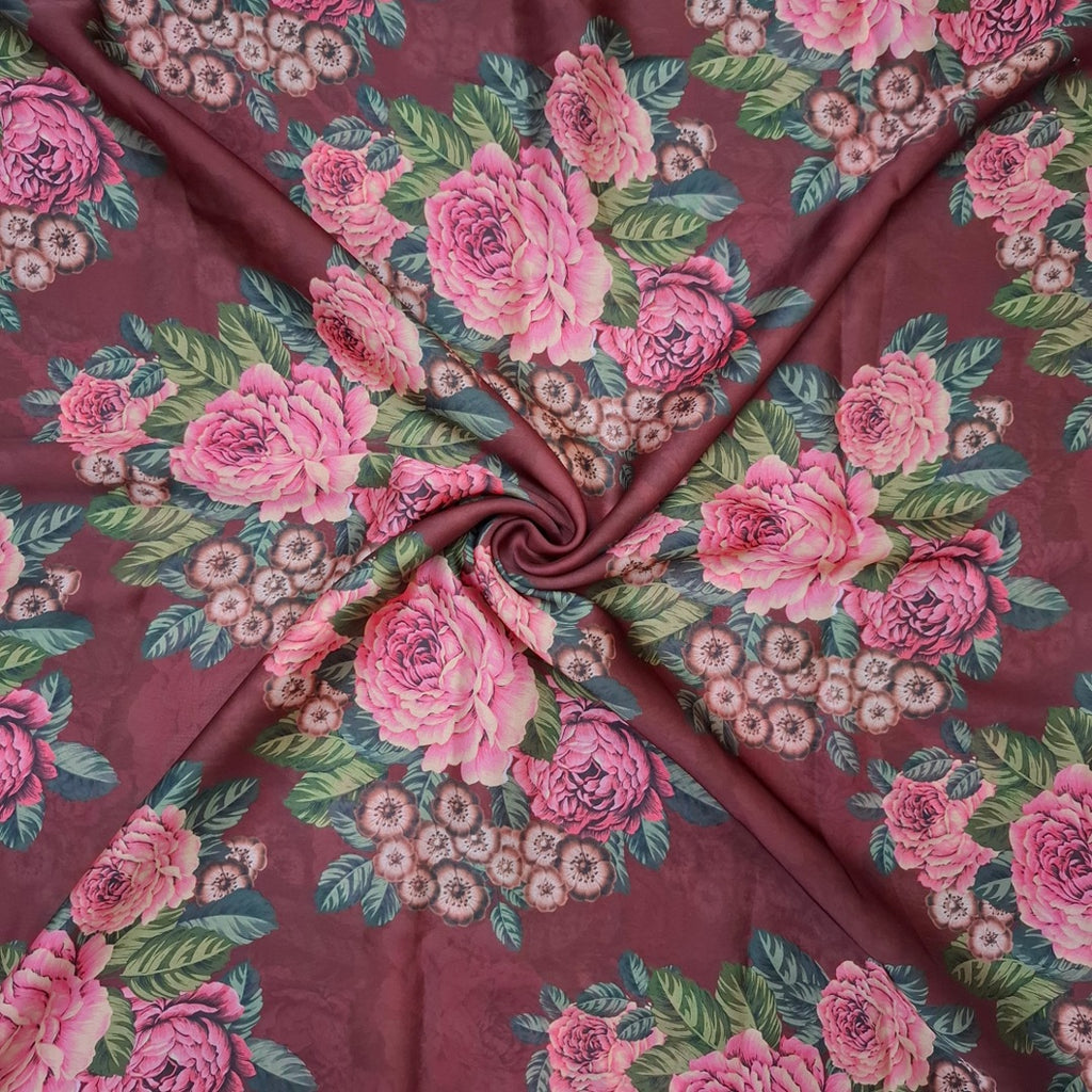 Sabya Big Floral Bunch Print on Maroon Base with Pink Floral on Satin Georgette