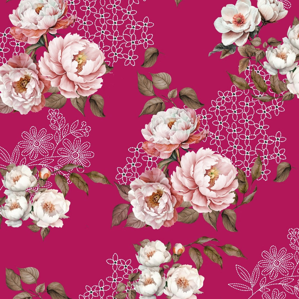 Floral Print with Pink Color Base with White Floral Design on Pure Glace Lawn Cotton OM PS 428 C1