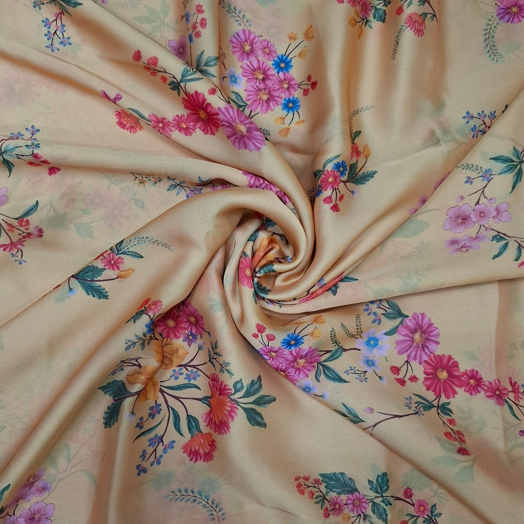 Traditional Floral Lace Border with Base Honey Mustard color Print on Satin Georgette OM SG 255 C1