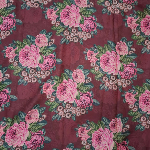 Sabya Big Floral Bunch Print on Maroon Base with Pink Floral on Satin Georgette