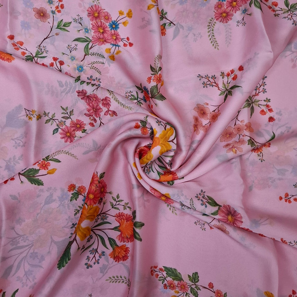 Traditional Floral Lace Border with Base Soft Pink color Print on Satin Georgette OM SG 255 C4