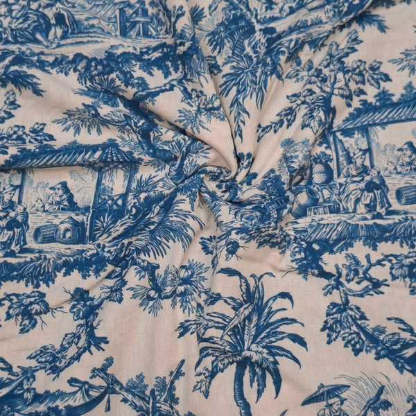 C Dior Tropical Print Pattern with Beige Base & Blue Colour Design on Pure Linen Cotton Fabric OM TK 559 C1