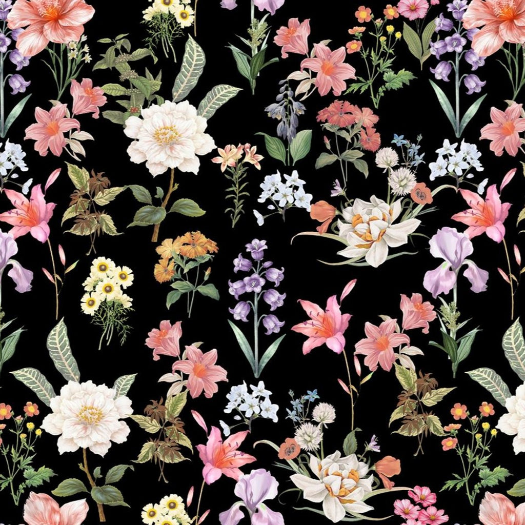Raina’s Botanical Floral Design with Black Base Colour Satin Georgette OM SG 240 C6