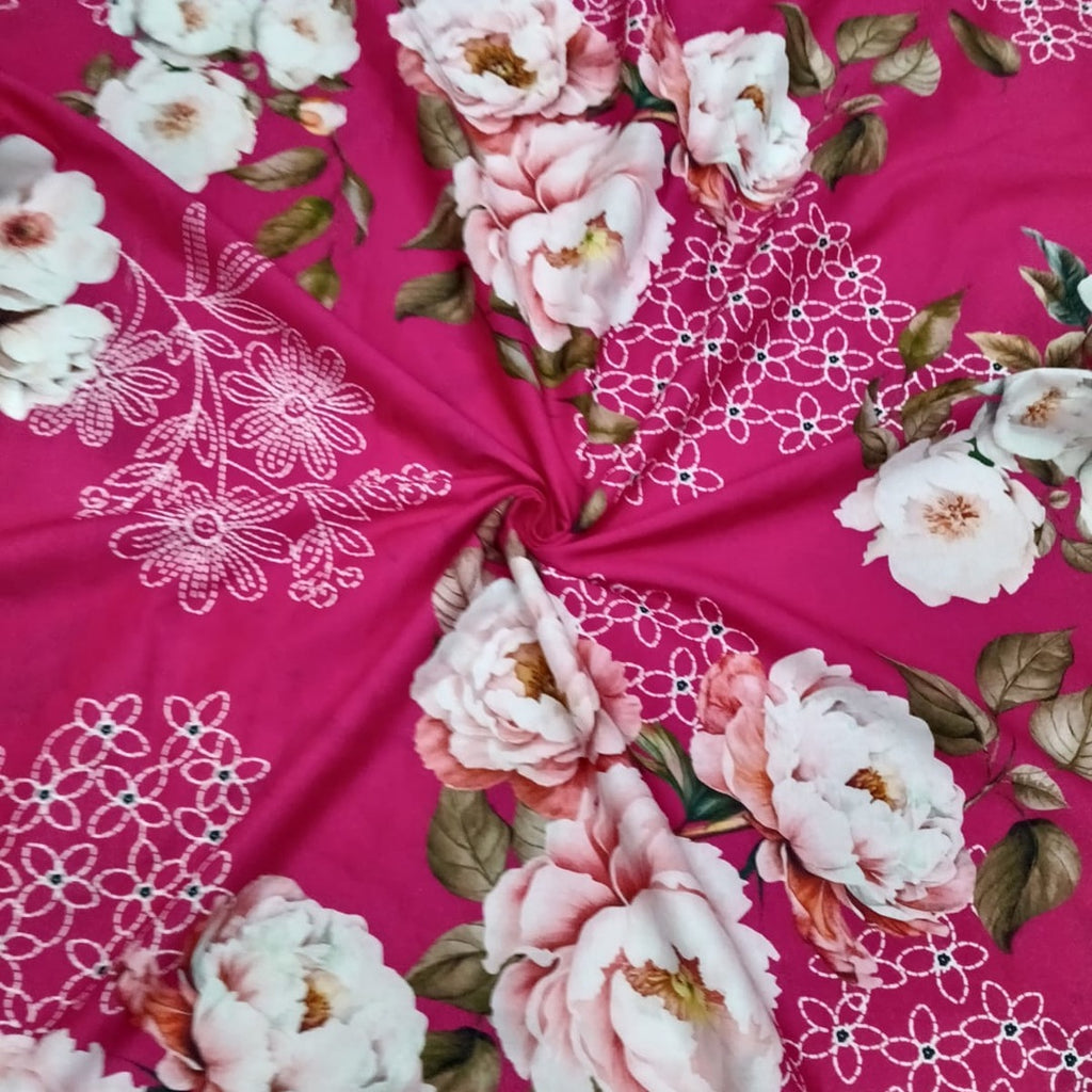 Floral Print with Pink Color Base with White Floral Design on Pure Glace Lawn Cotton OM PS 428 C1