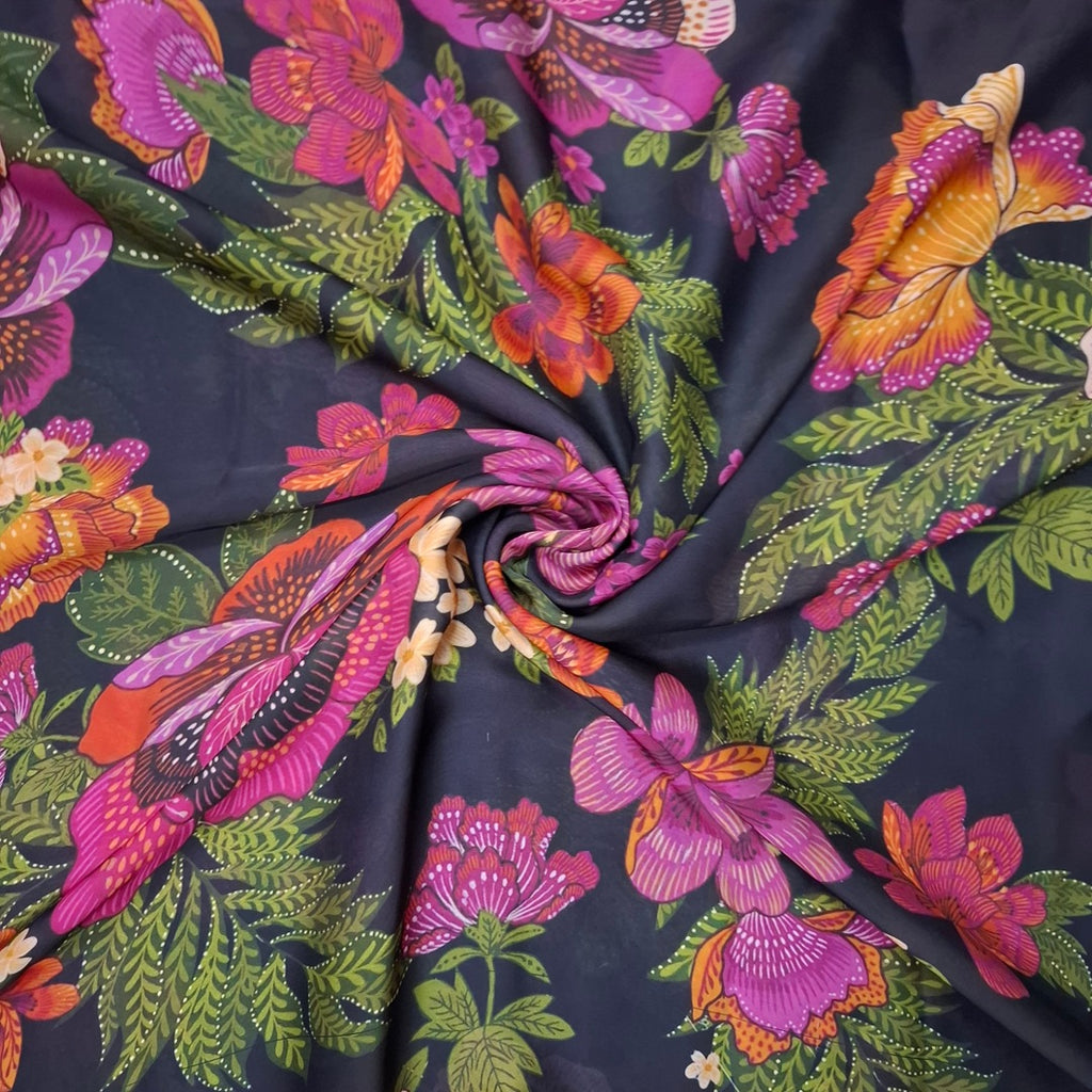 Floral with leaves Print design black in base colour Fabric Pure Silk  OM PS 432 C1