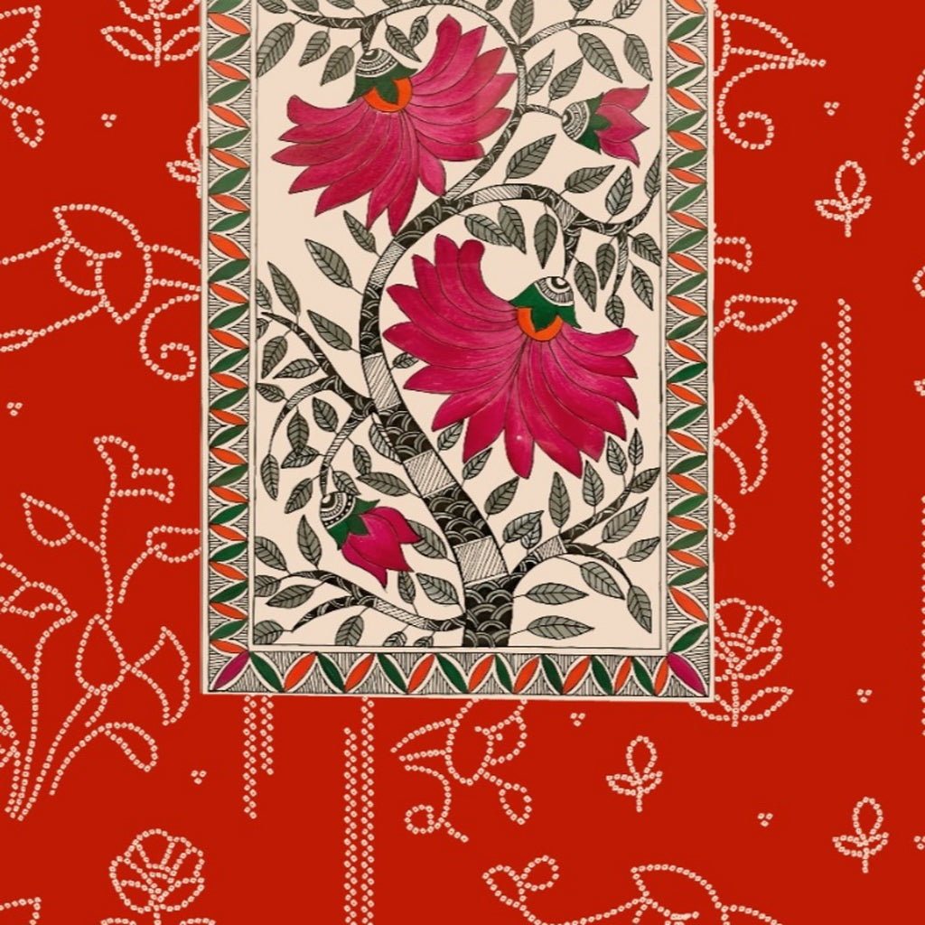 Bandhini kalamkari print design with Red base colour OM PS 441 C1
