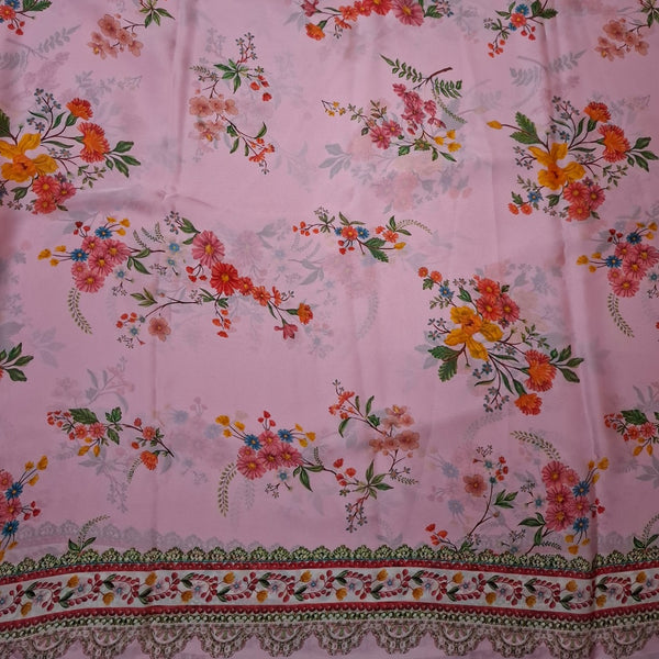 Traditional Floral Lace Border with Base Soft Pink color Print on Satin Georgette OM SG 255 C4