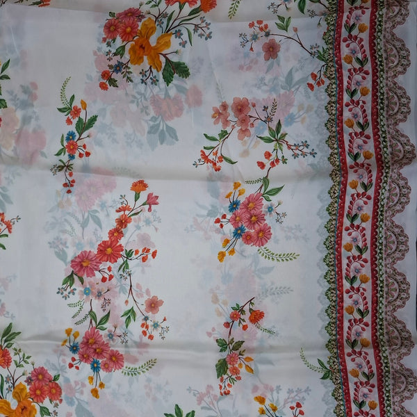 Traditional Floral Lace Border with Base White  color Print on Satin Georgette OM SG 255 C3