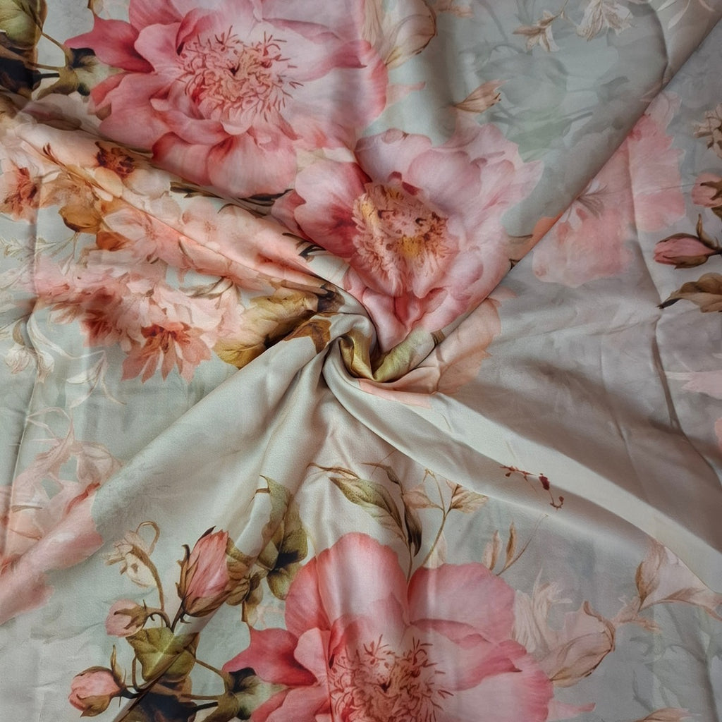 English Elegant Floral  Print design in Beige Colour Fabric 100% Pure Silk Chiffon  OM PS 431 C1