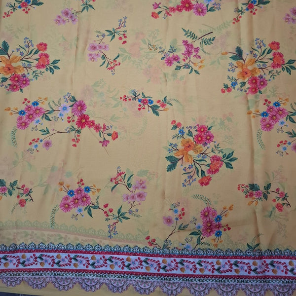 Traditional Floral Lace Border with Base Honey Mustard color Print on Satin Georgette OM SG 255 C1