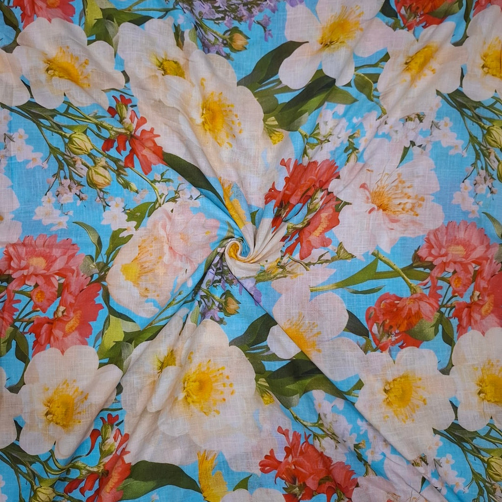 Rania Floral Print with Sky Blue Color Base with Multi Colour Floral Design on Pure Glace Lawn Cotton OM PS 425 C1