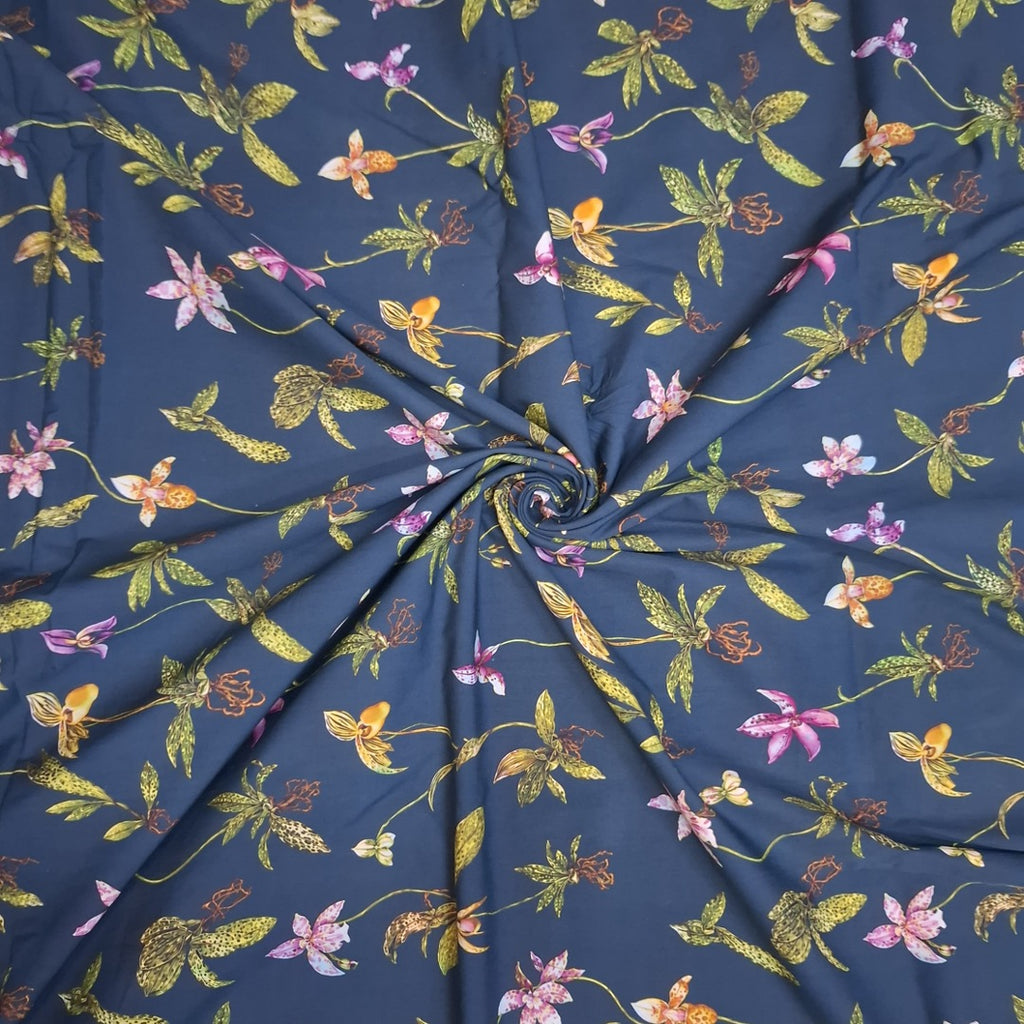 English Floral Print with Midnight Blue Base on Pure Cotton Poplin Fabric OM TK 562 C1