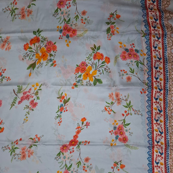 Traditional Floral Lace Border with Base Mist Blue  color Print on Satin Georgette OM SG 255 C2