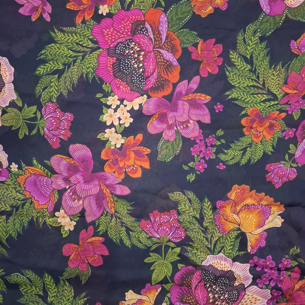 Floral with leaves Print design black in base colour Fabric Pure Silk  OM PS 432 C1