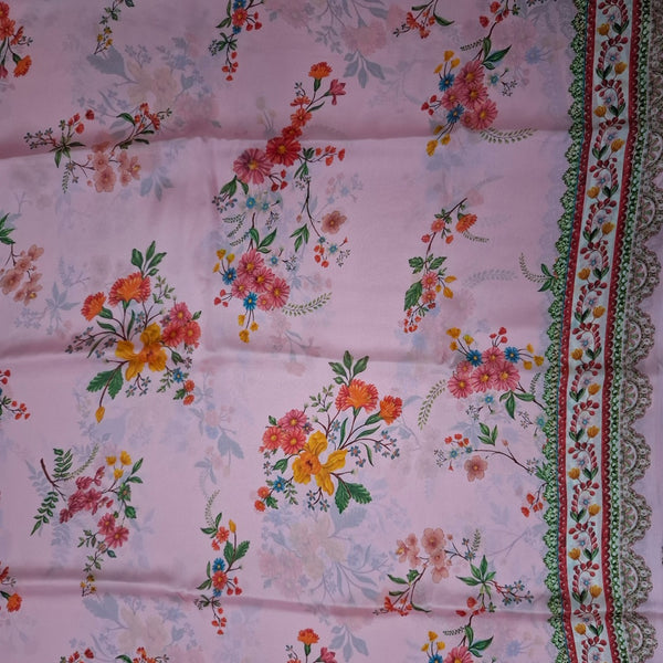 Traditional Floral Lace Border with Base Soft Pink color Print on Satin Georgette OM SG 255 C4