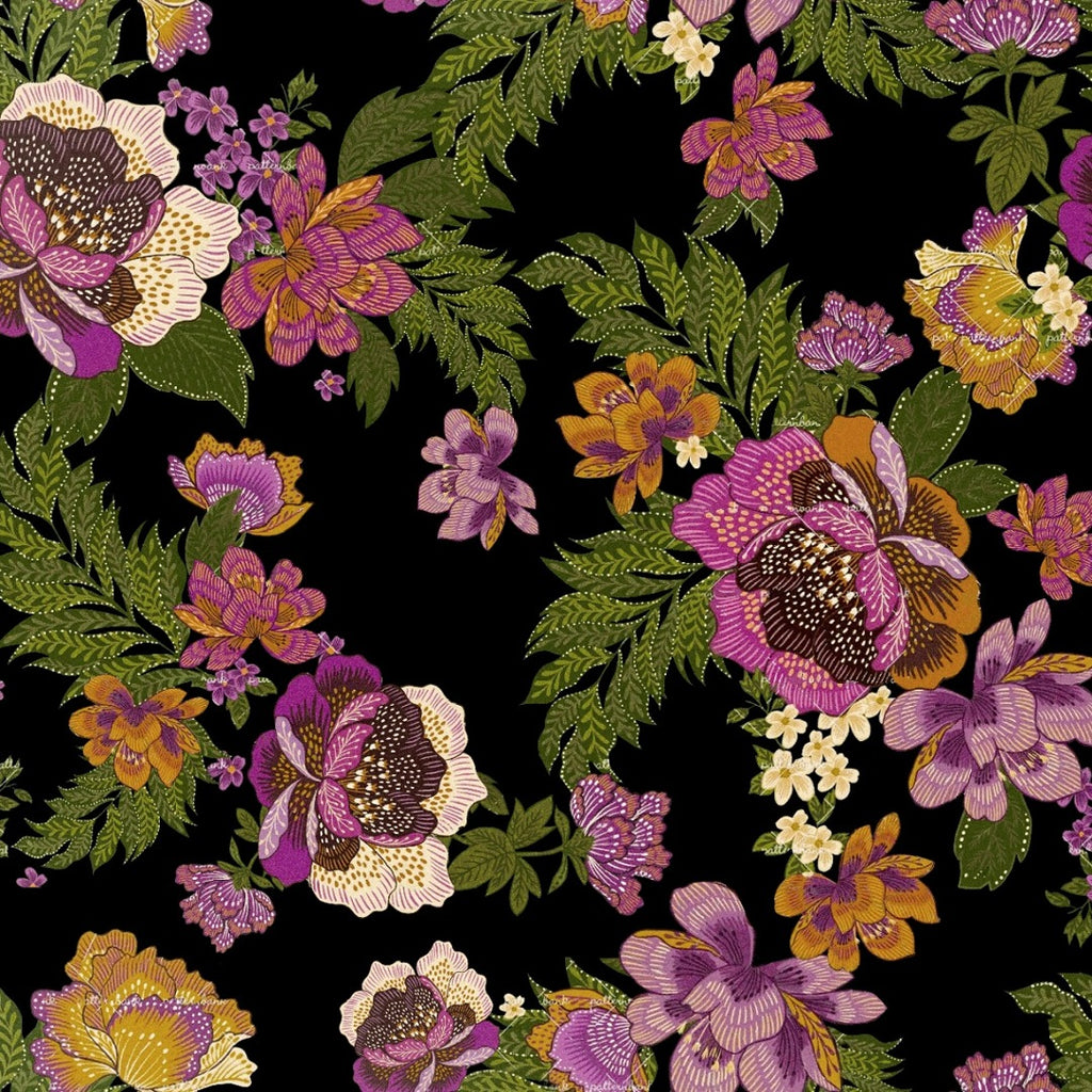 Floral with leaves Print design black in base colour Fabric Pure Silk  OM PS 432 C1