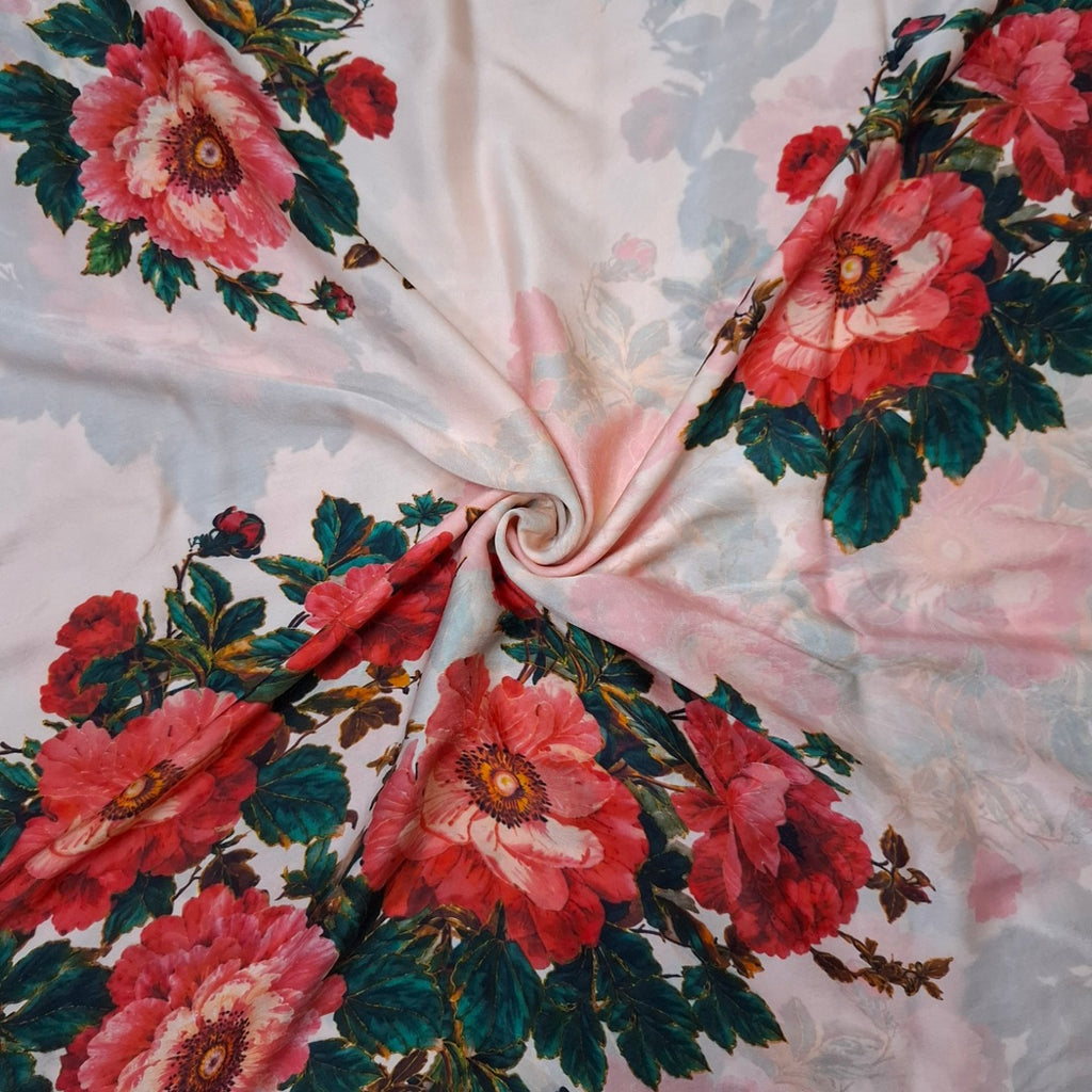 Floral Vintage Rose Bouquet Print Fabric Material Floral Pure Silk Red OM SG 257