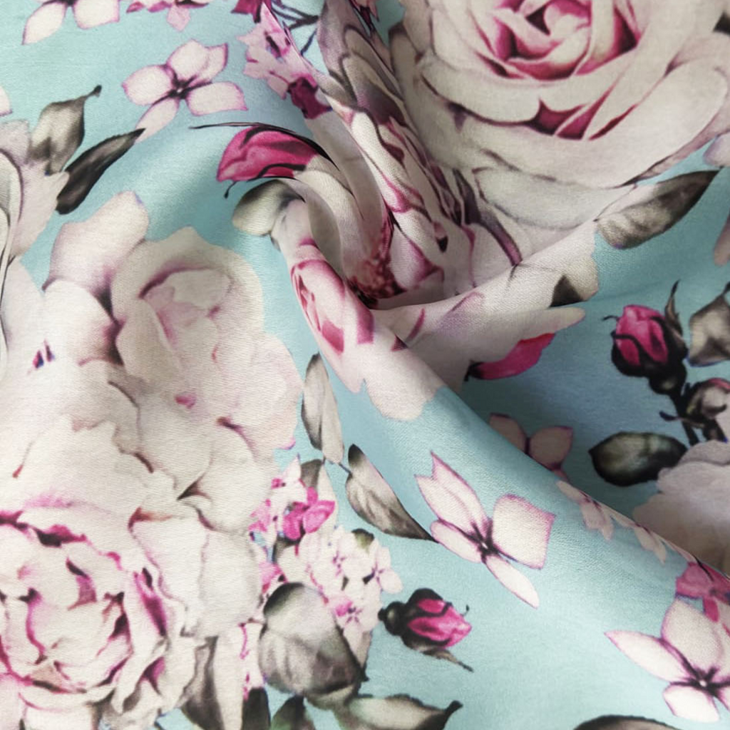 Watercolour Floral Printed Fabric Material Floral Satin Gerogette Blue