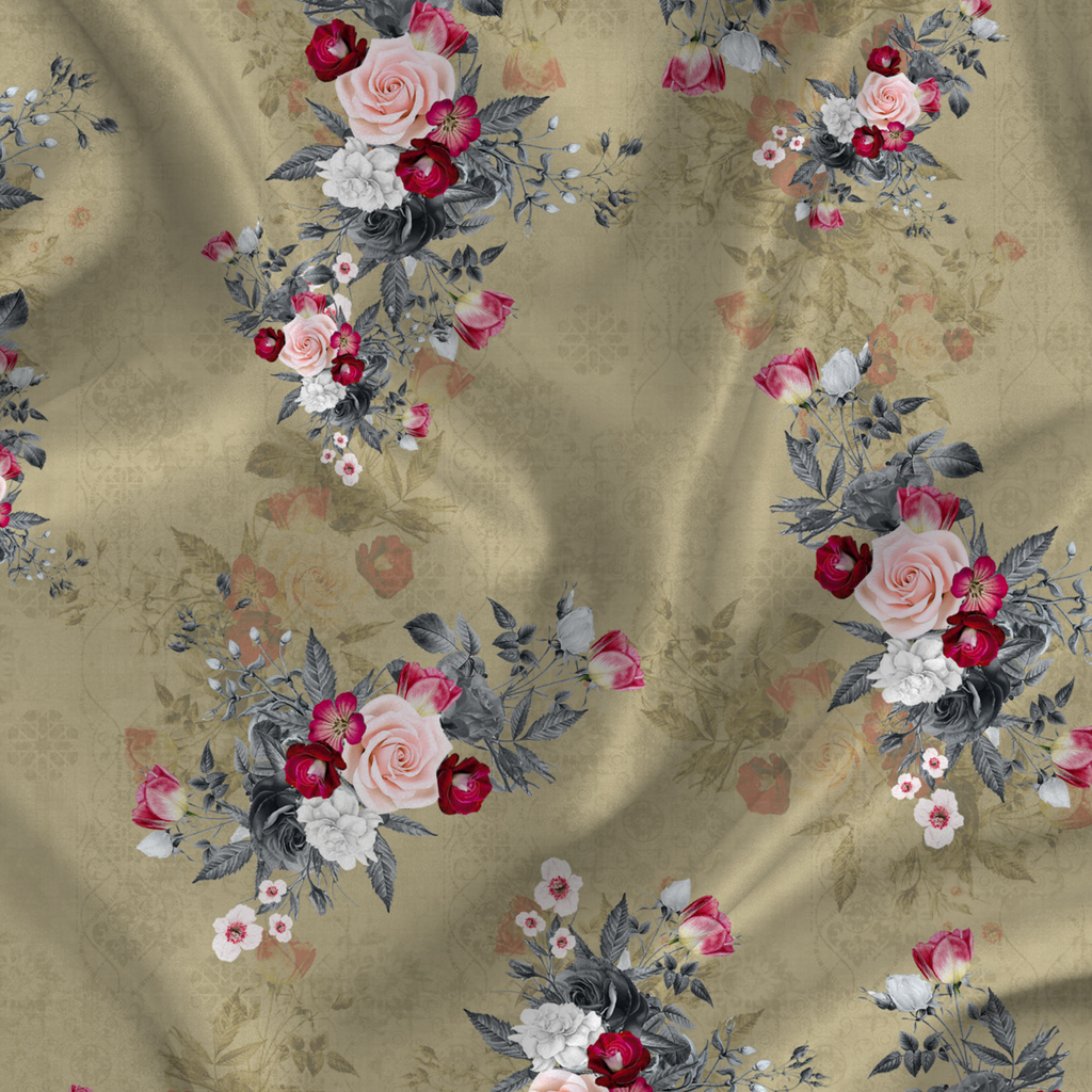 Floral Printed Fabric Material Floral Softy Satin Green