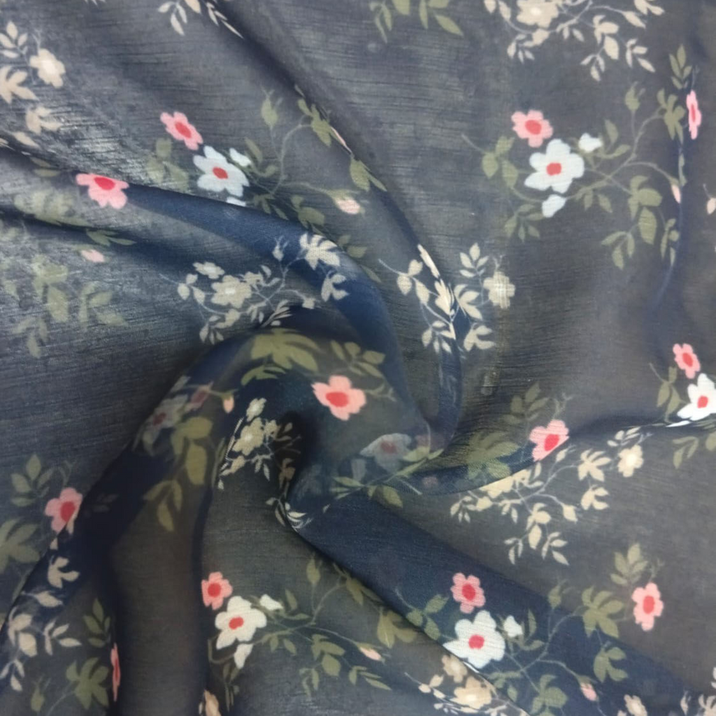 Ditsy Floral Printed Fabric Material Floral Chiffon Blue