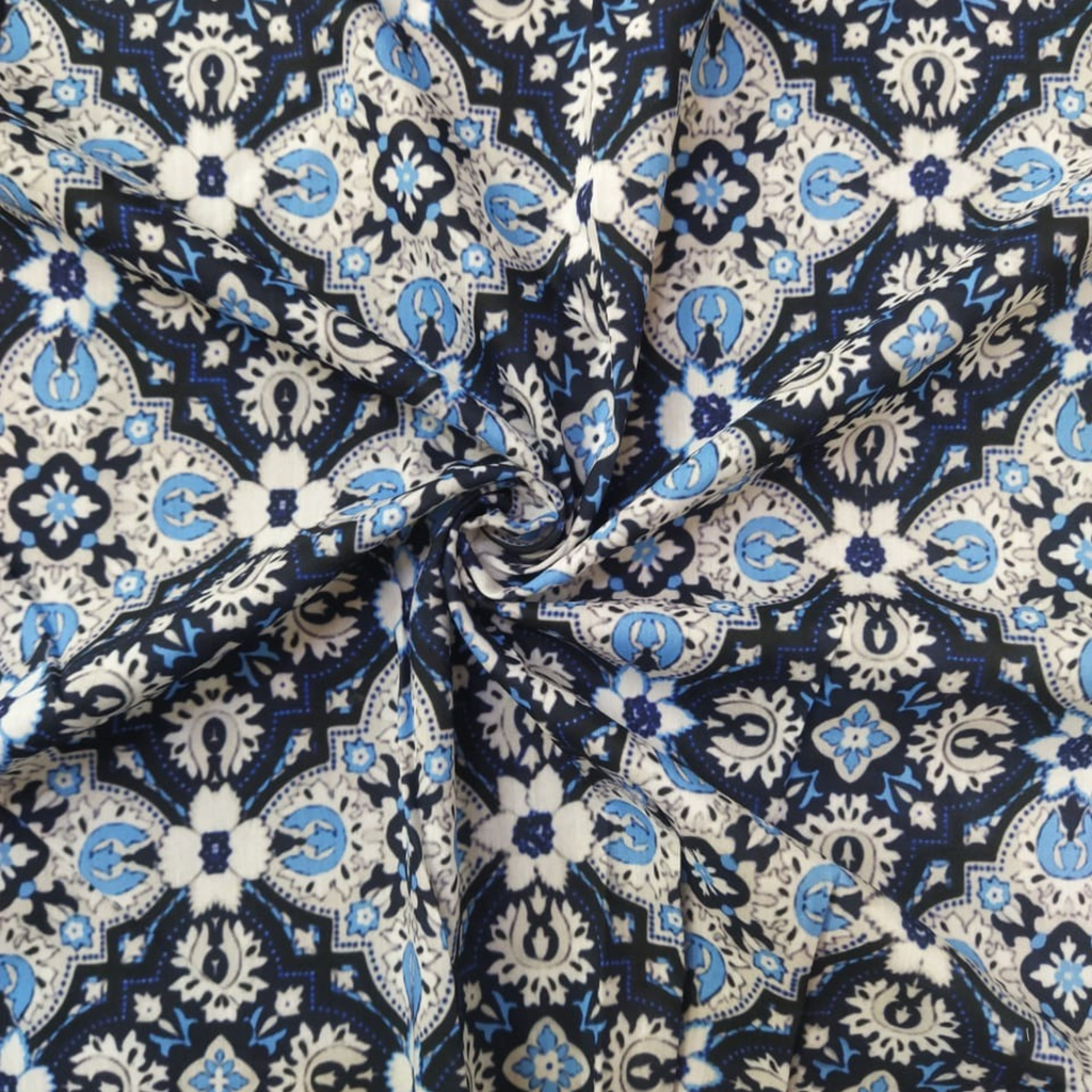 Traditional Printed Fabric Material: Traditional Satin Georgette Blue