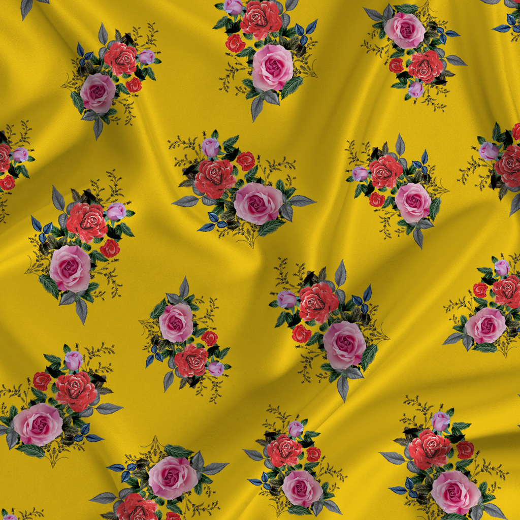 Floral Printed Fabric Material Floral Softy Satin Yellow