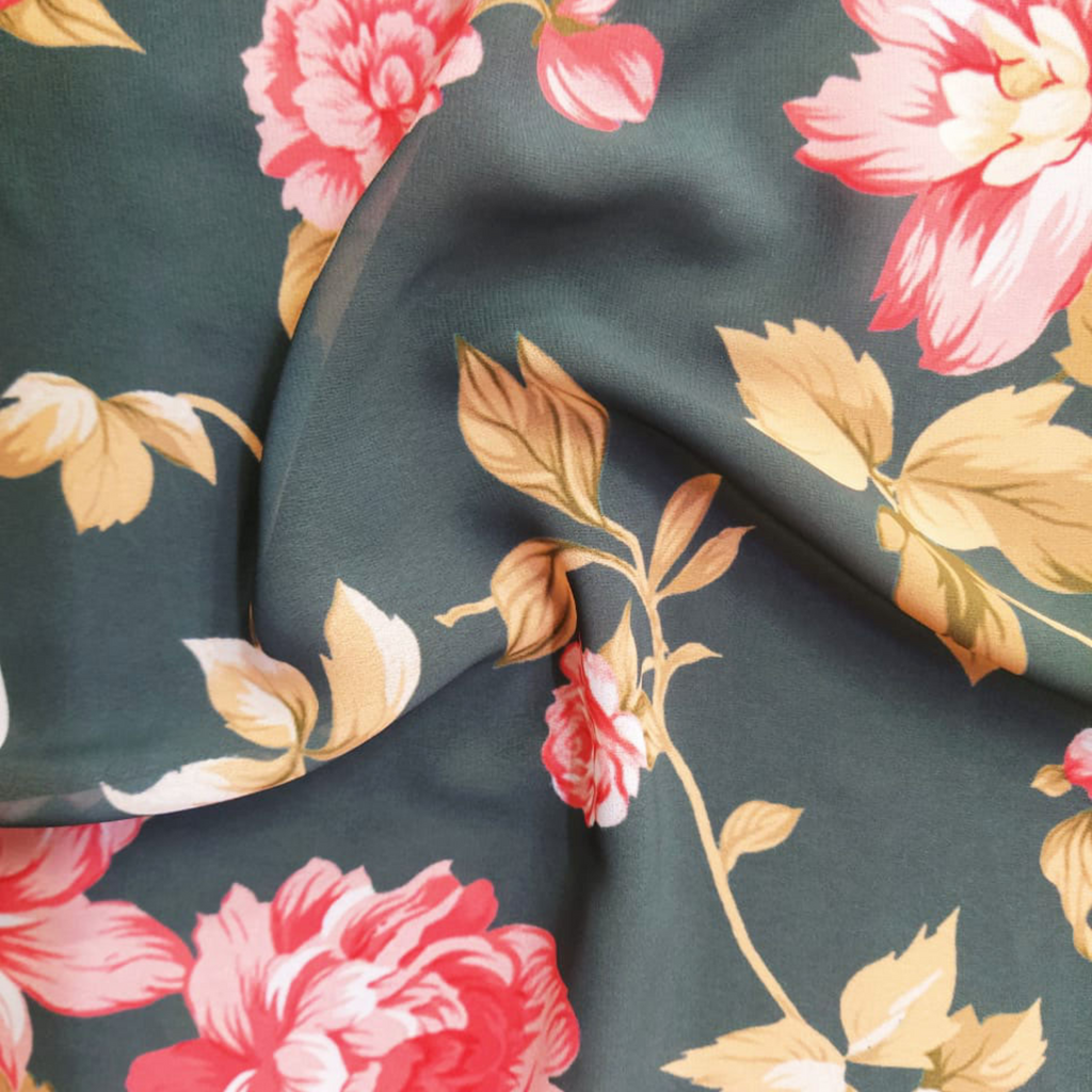 Floral Printed Fabric Material Floral Satin Gerogette Blue