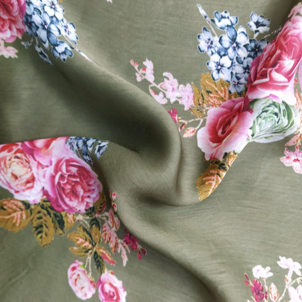 English Floral Printed Fabric Material Floral Softy Satin Pink