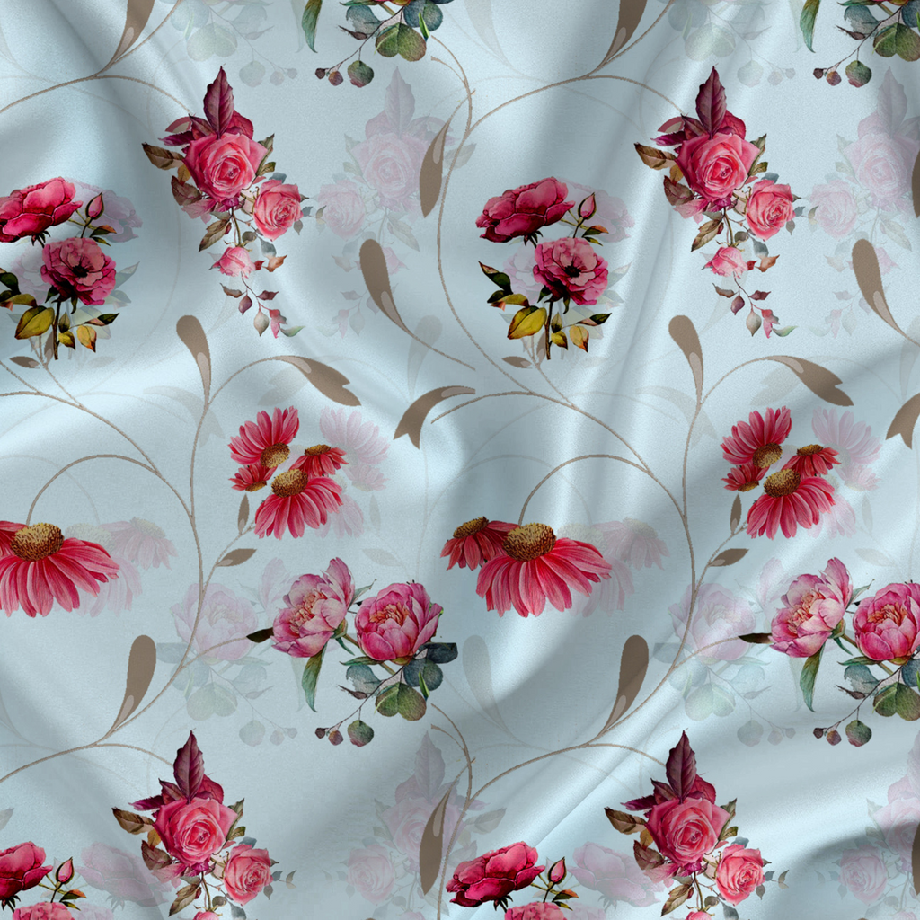 Floral Printed Fabric Material Floral Softy Satin Off White