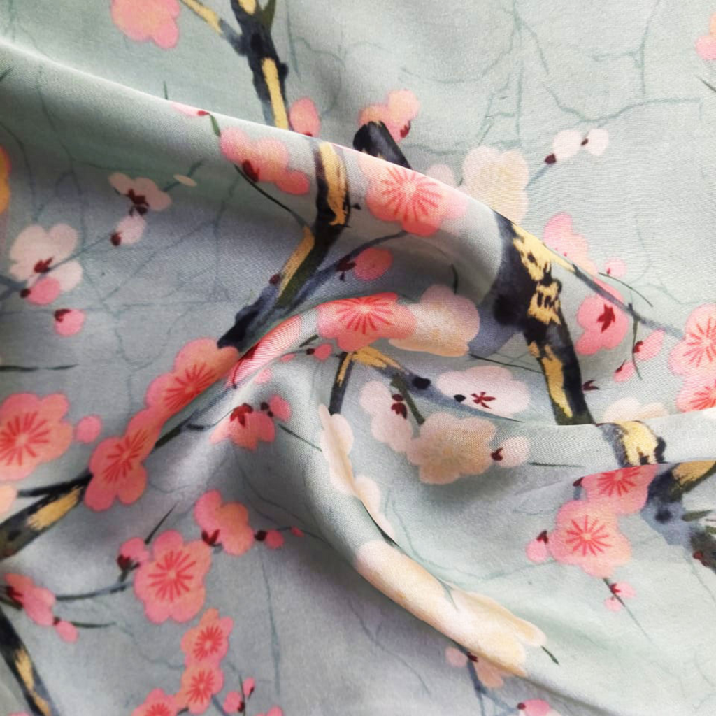 Floral Printed Fabric Material Floral Satin Gerogette Grey