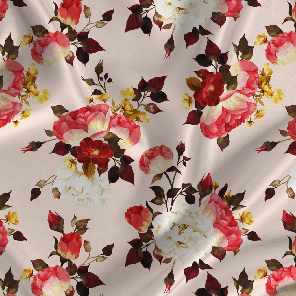 Floral Printed Fabric Material Floral Softy Satin Pink