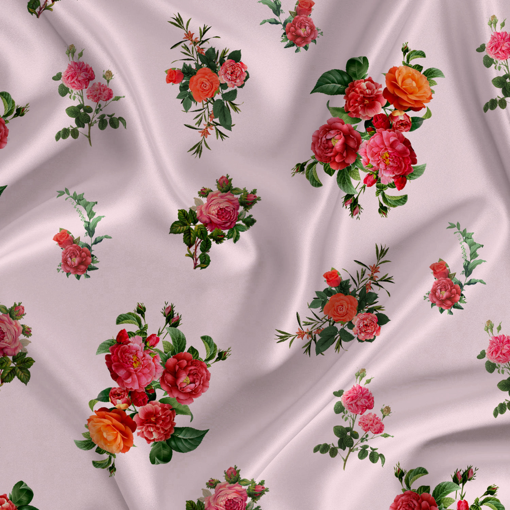 Floral Printed Fabric Material Floral Softy Satin Pink