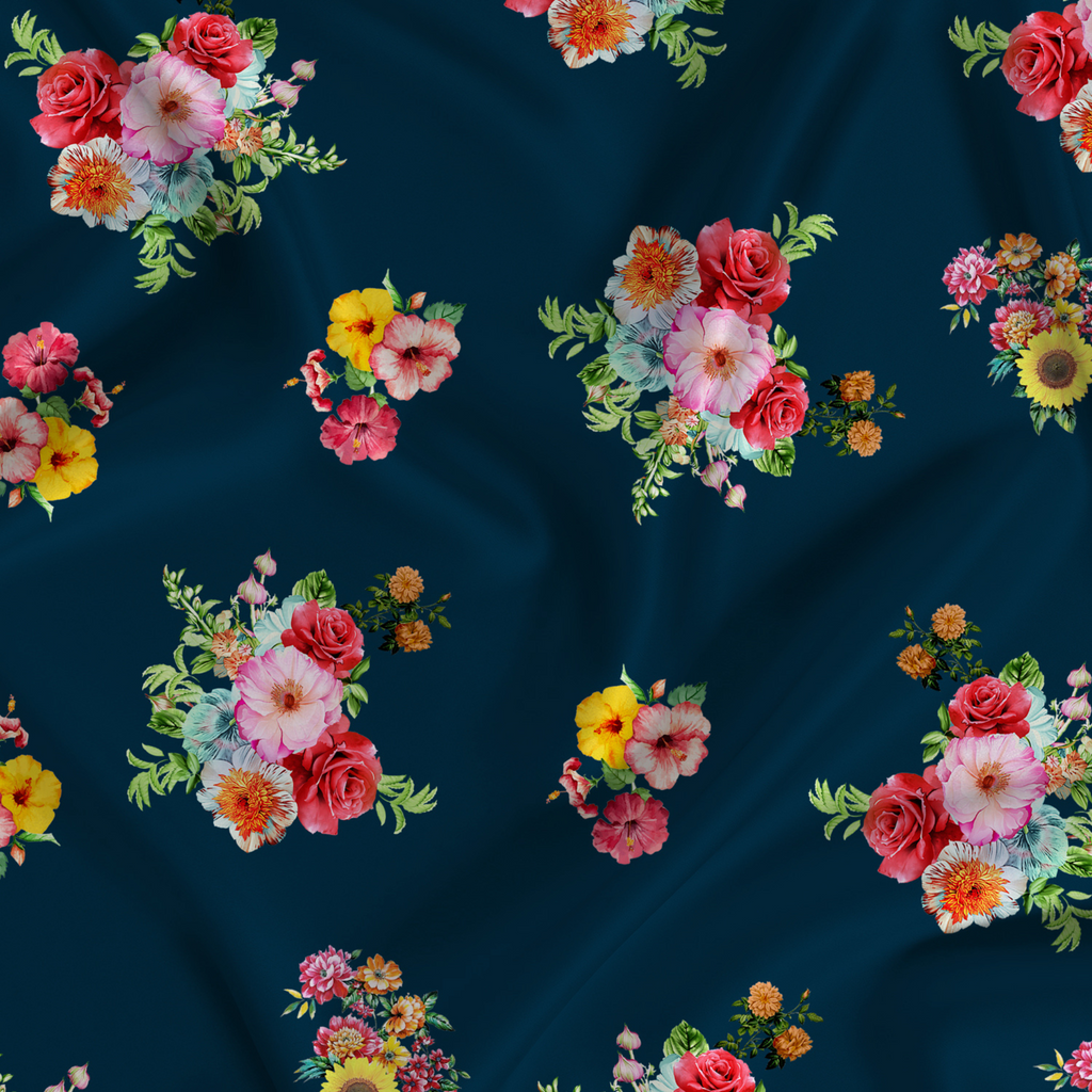 Floral Printed Fabric Material Floral Softy Satin Blue