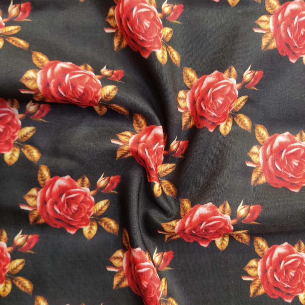 Floral Printed Fabric Material Traditional Satin Gerogette Black