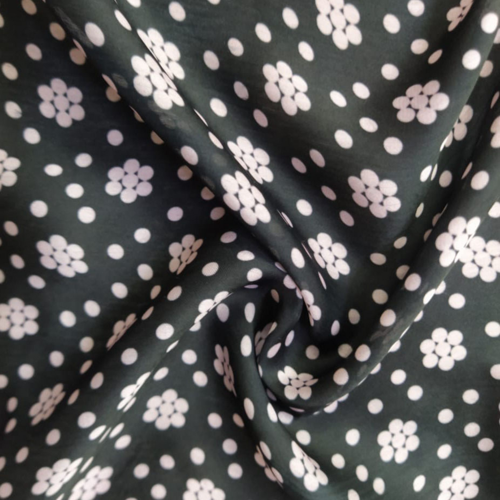 Traditional Small Flower Printed Fabric Material Traditional Crepe Silk Black