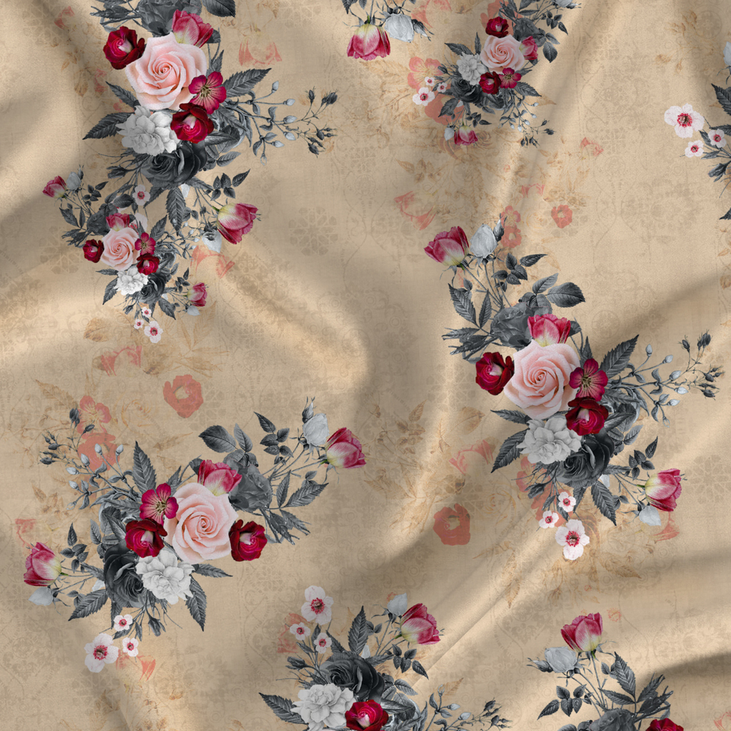 Floral Printed Fabric Material Floral Softy Satin Brown