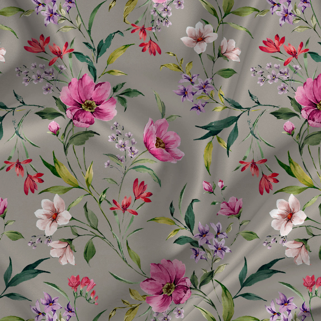 Floral Printed Fabric Material Floral Softy Satin Grey