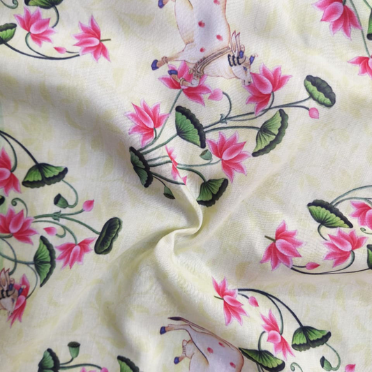 Pichwai Printed Fabric Material Traditional Satin Gerogette Green