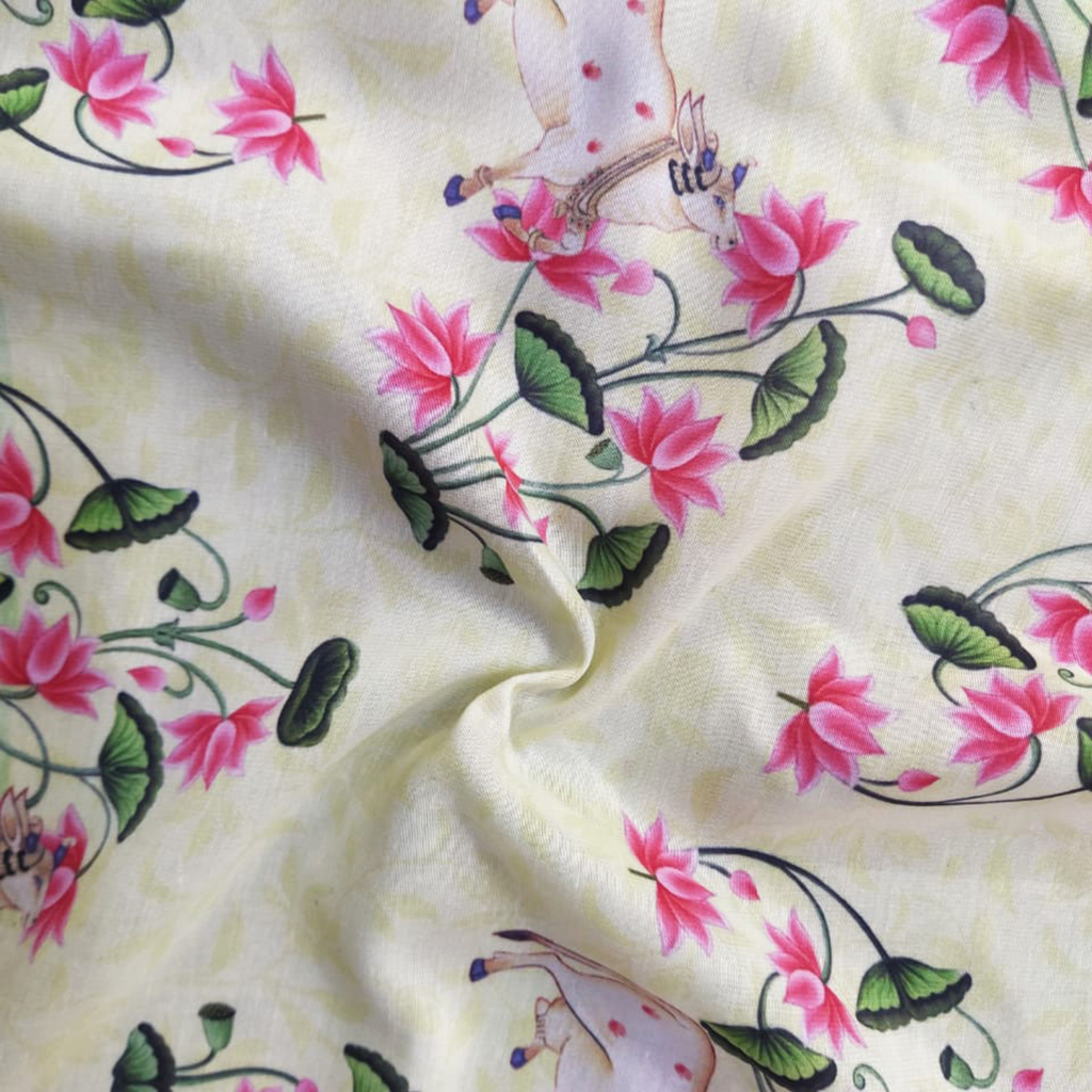 Pichwai Printed Fabric Material Traditional Satin Gerogette Green