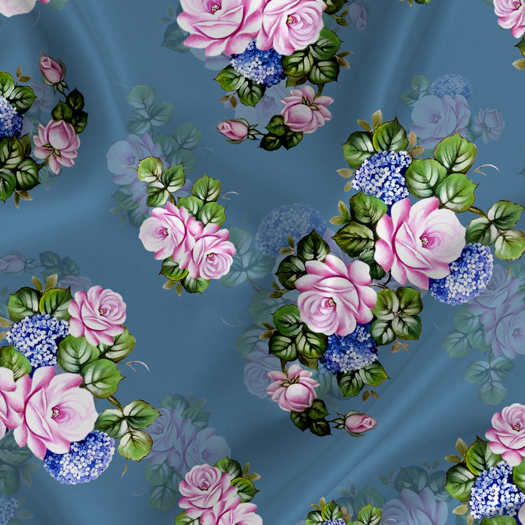 Beautiful Floral Printed Fabric Material Floral Modal Satin Blue