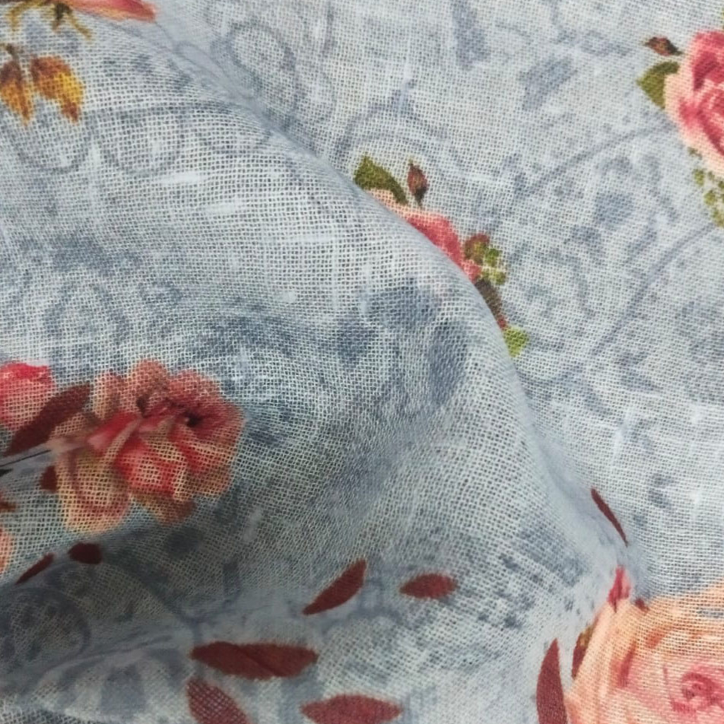 Floral Printed Fabric Material Floral Linen Grey