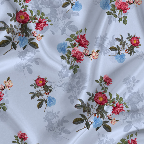 Floral Printed Fabric Material Floral Softy Satin Blue