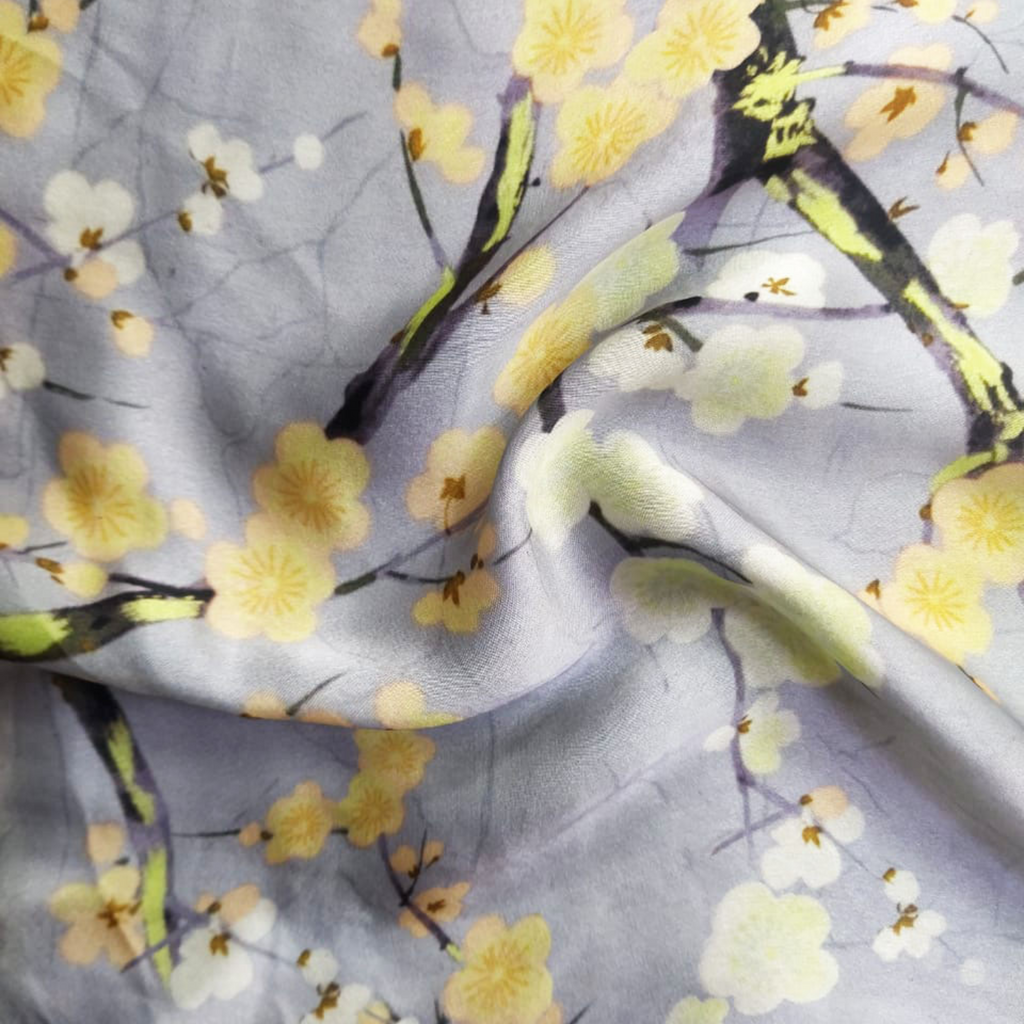 Floral Printed Fabric Material Floral Satin Gerogette Grey